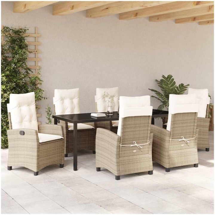 7 Delars Trädgårdsbord Set med Kuddar - Beige Poly Rattan vidaXL 200 x 80 x 73 cm – bild 4