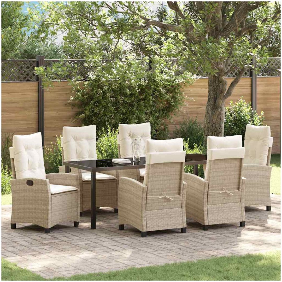 7 Delars Trädgårdsbord Set med Kuddar - Beige Poly Rattan vidaXL 200 x 80 x 73 cm