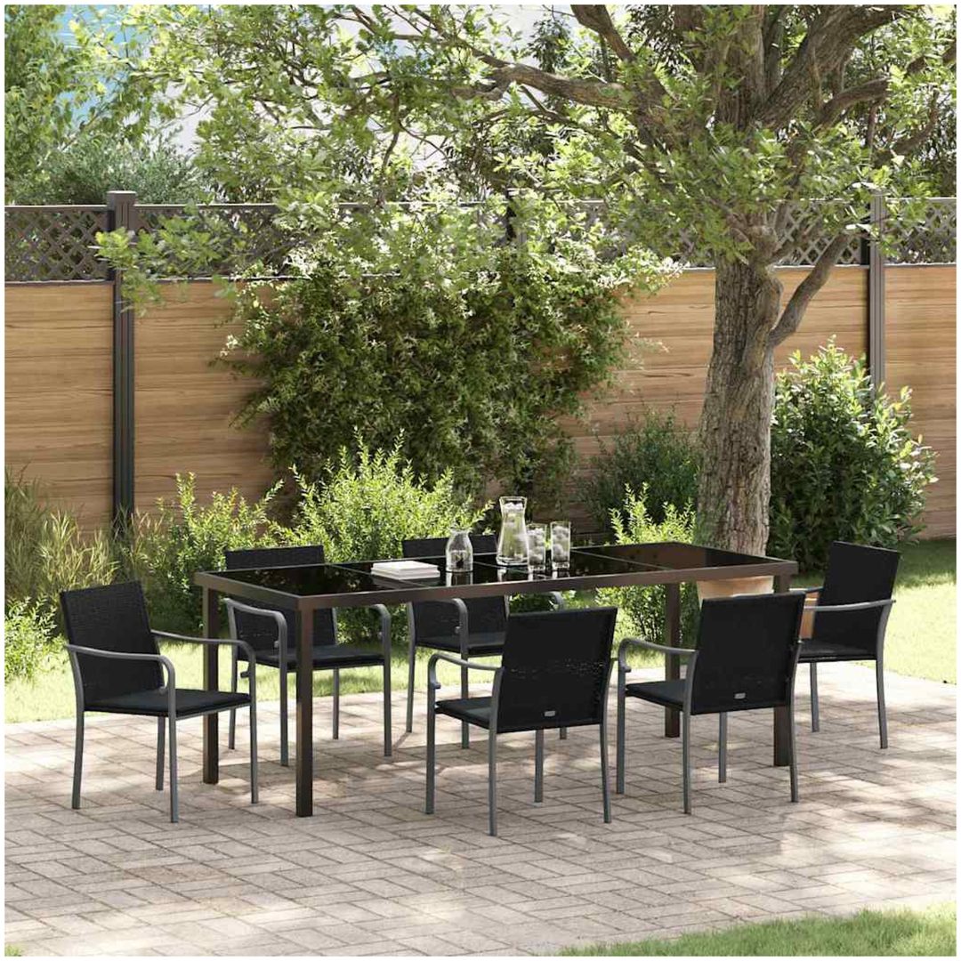 7-delars trädgårdsbordset med kuddar, svart poly-rattan vidaXL 56 x 59 x 84 cm