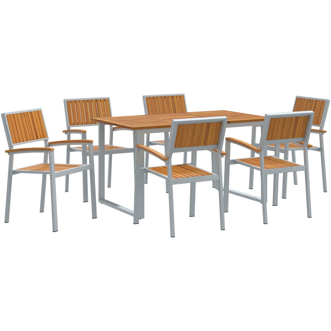 7-delars Trädgårdsdining Set Grå Stål och Massivt Akacieträ vidaXL 140 x 80 x 75 cm – bild 2