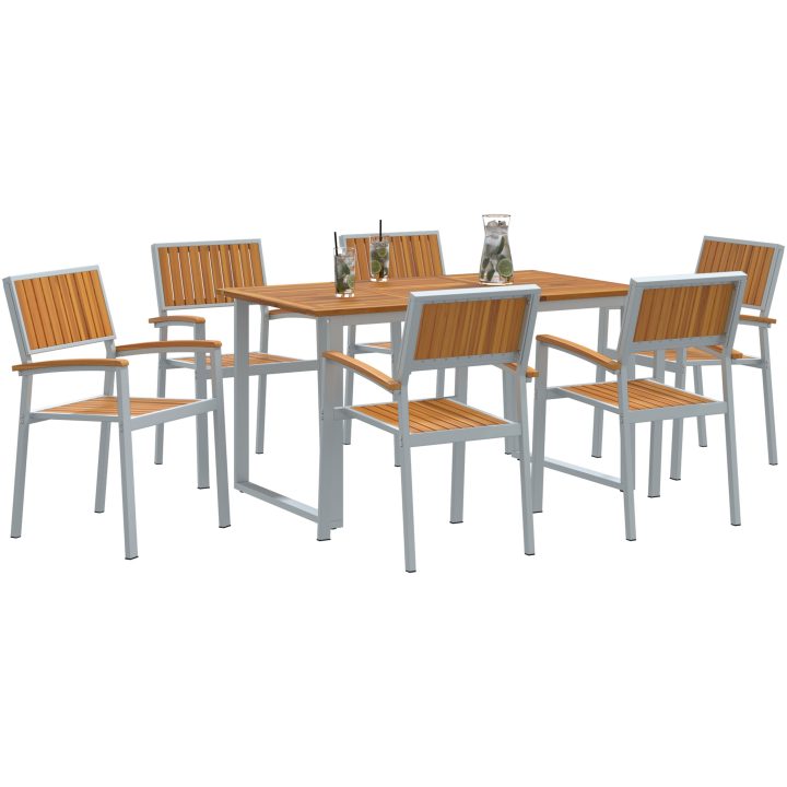 7-delars Trädgårdsdining Set Grå Stål och Massivt Akacieträ vidaXL 140 x 80 x 75 cm – bild 3