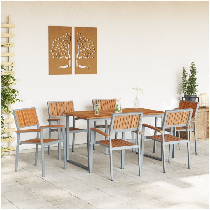 7-delars Trädgårdsdining Set Grå Stål och Massivt Akacieträ vidaXL 140 x 80 x 75 cm – bild 4