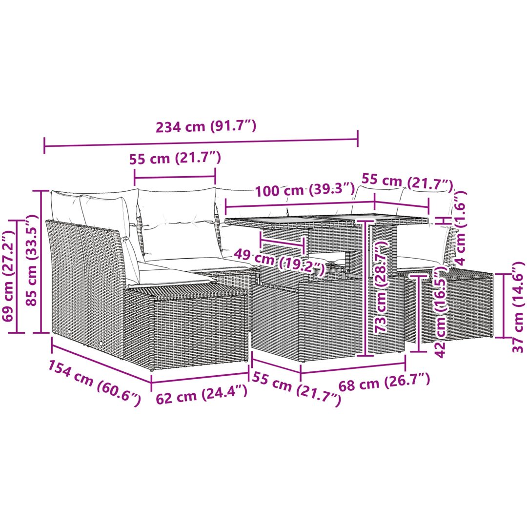 7-delars trädgårdsdining set med kuddar i grå poly rattan och akacia vidaXL 100 x 55 x 73 cm – bild 11
