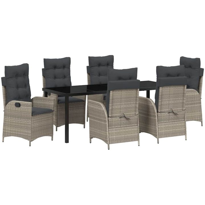 7-delars trädgårdsdining set med kuddar i ljusgrå poly rattan vidaXL 200 x 80 x 73 cm – bild 2