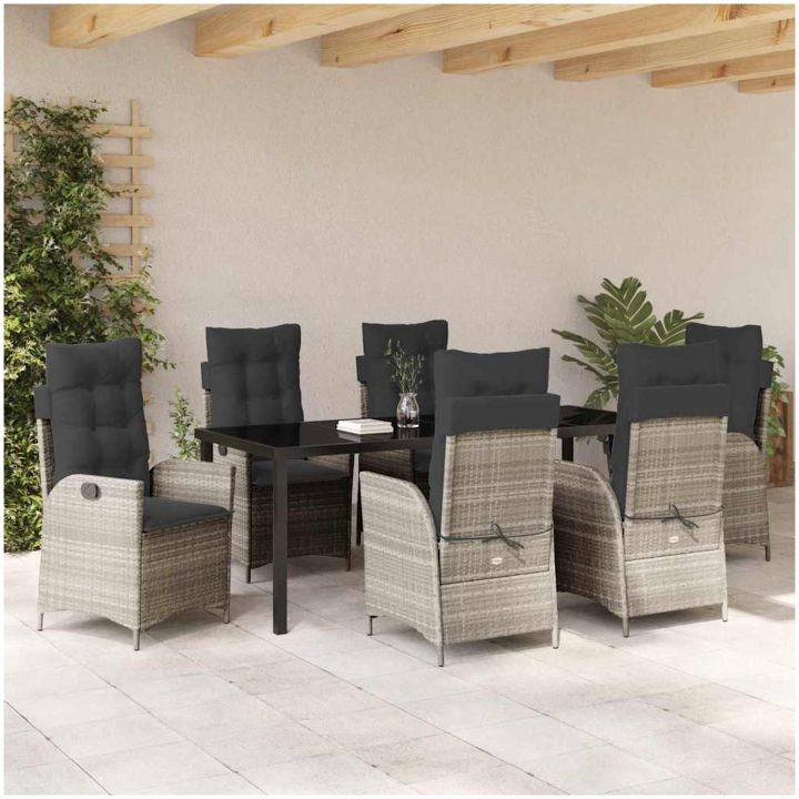 7-delars trädgårdsdining set med kuddar i ljusgrå poly rattan vidaXL 200 x 80 x 73 cm – bild 4
