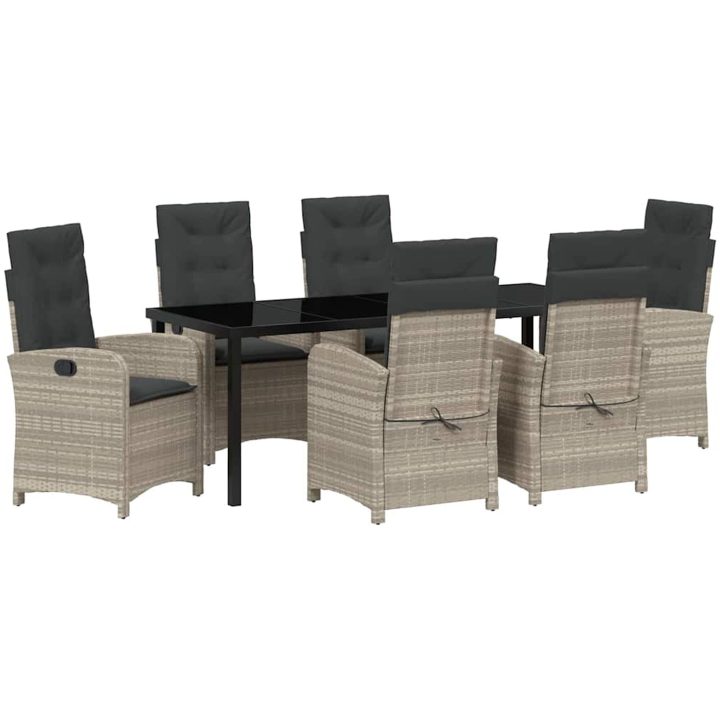 7-delars Trädgårdsdining Set med Kuddar Ljusgrå Poly Rattan vidaXL 200 x 80 x 73 cm – bild 2