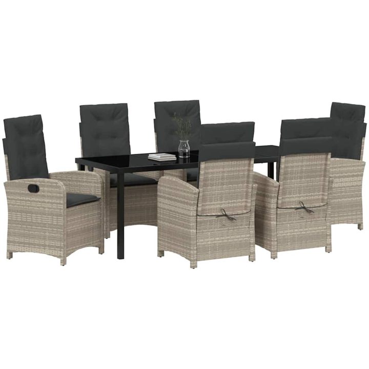 7-delars Trädgårdsdining Set med Kuddar Ljusgrå Poly Rattan vidaXL 200 x 80 x 73 cm – bild 3