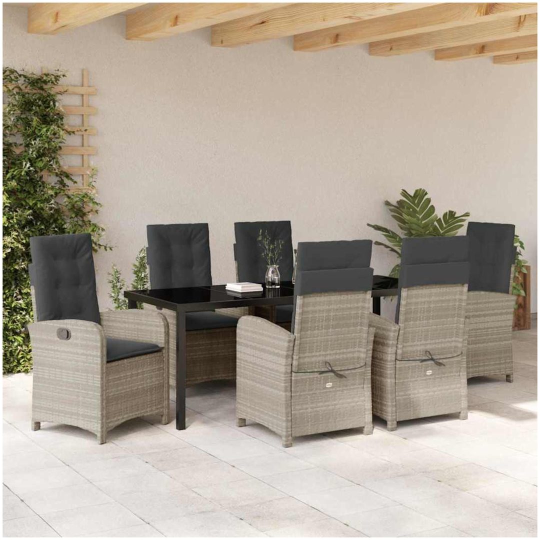 7-delars Trädgårdsdining Set med Kuddar Ljusgrå Poly Rattan vidaXL 200 x 80 x 73 cm – bild 4