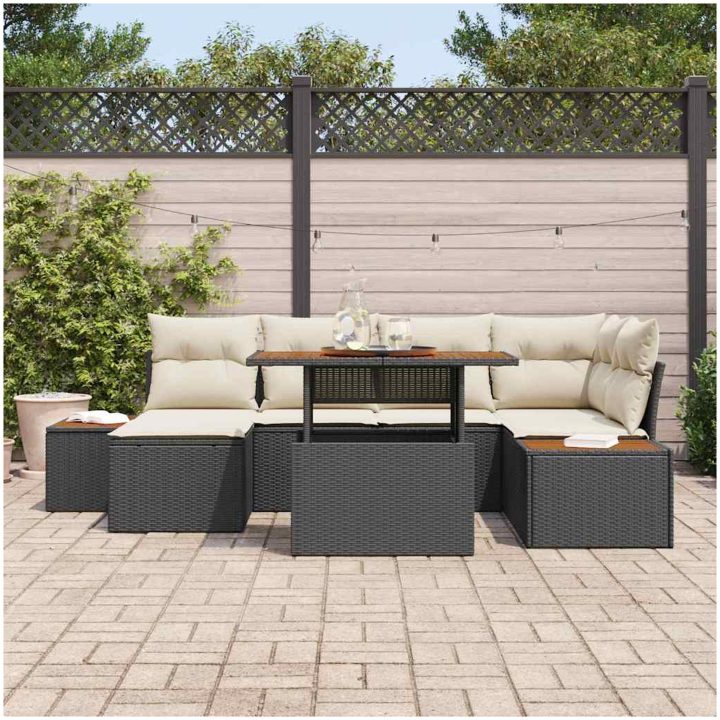 7-delars trädgårdsdining-set med kuddar, svart poly rattan och akacia vidaXL 100 x 55 x 73 cm – bild 3