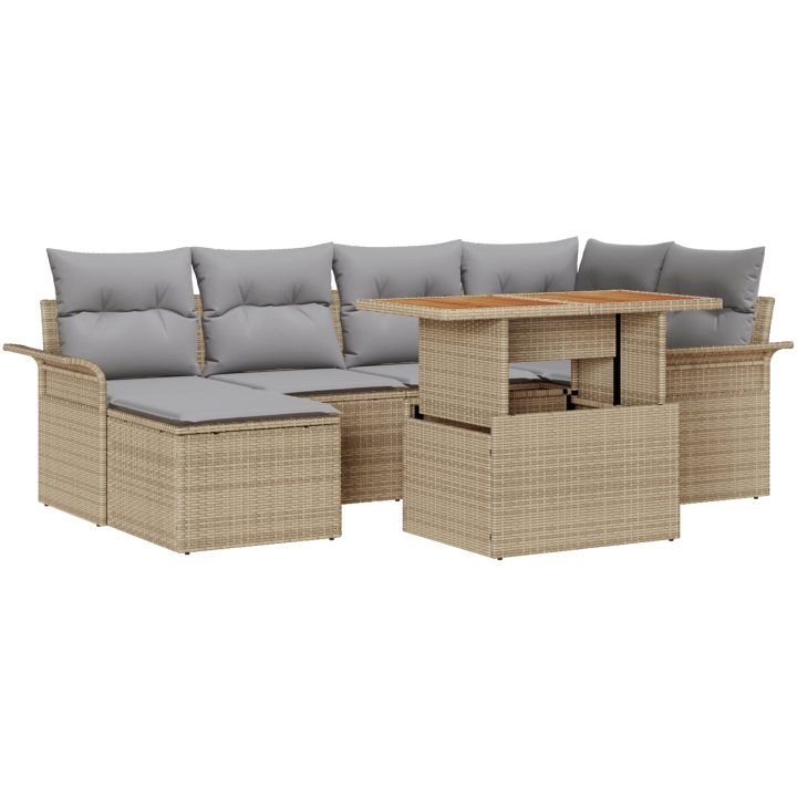 7 Delars Trädgårdsgrupp med Kuddar, Beige, Poly Rattan och Akacia vidaXL 100 x 55 x 73 cm – bild 2