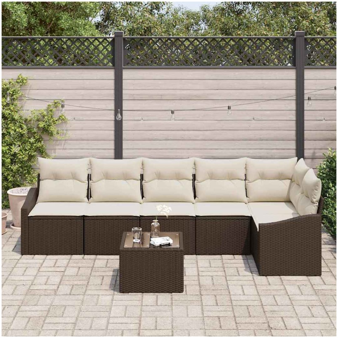 7-delars trädgårdsgrupp med kuddar i brun poly rattan vidaXL 55 x 55 x 37 cm – bild 3