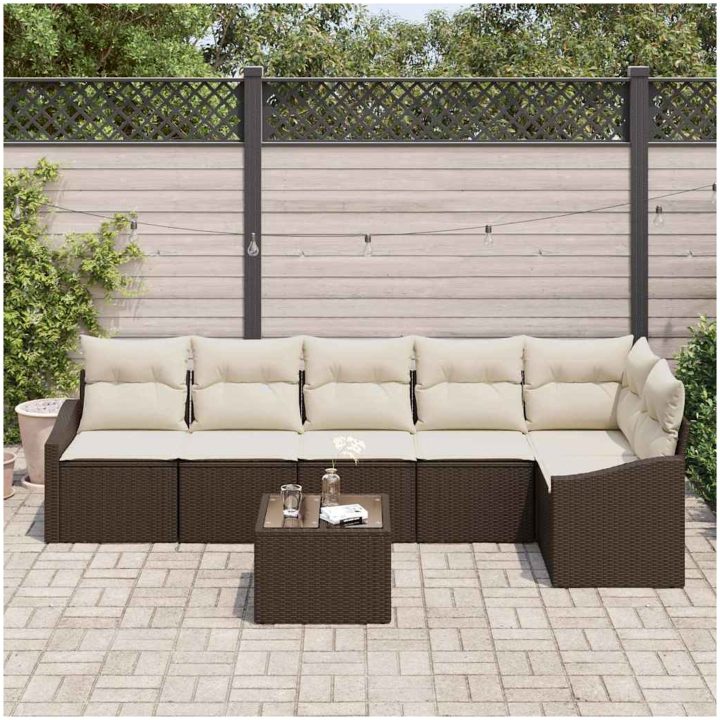 7-delars trädgårdsgrupp med kuddar i brun poly rattan vidaXL 55 x 55 x 37 cm – bild 3