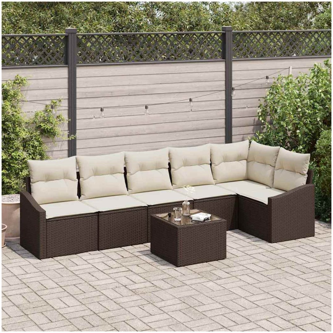 7-delars trädgårdsgrupp med kuddar i brun poly rattan vidaXL 55 x 55 x 37 cm