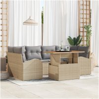 7-delars trädgårdsmatbord med kuddar Beige Polyrotting Akacia vidaXL