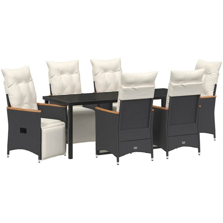 7-delars trädgårdsmatbord med kuddar, svart i poly-rattan. vidaXL 200 x 80 x 73 cm – bild 2