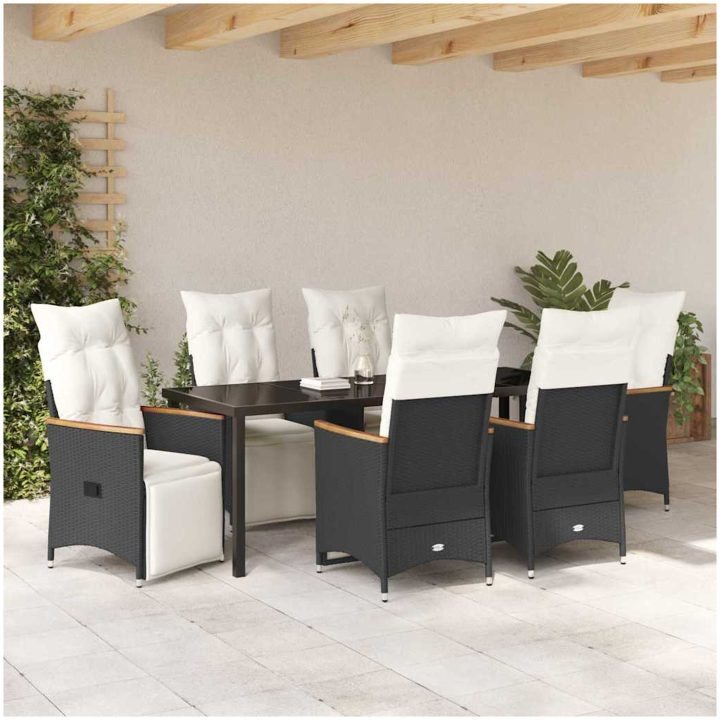 7-delars trädgårdsmatbord med kuddar, svart i poly-rattan. vidaXL 200 x 80 x 73 cm – bild 4