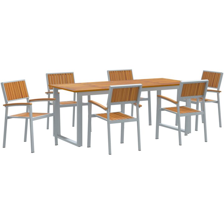 7 Delars Trädgårdsmatbord Set Grå Stål och Massivt Akaciaträ vidaXL 200 x 90 x 75 cm – bild 2