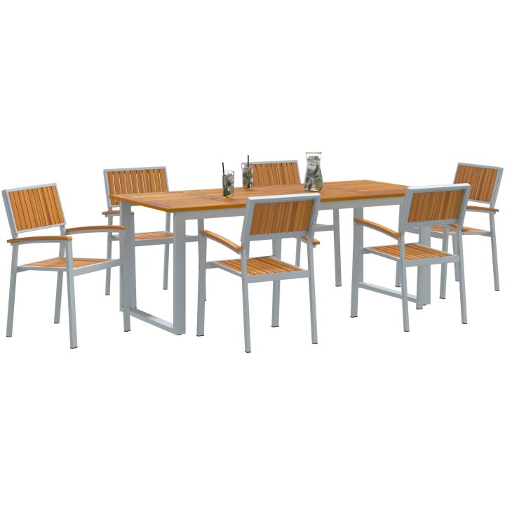 7 Delars Trädgårdsmatbord Set Grå Stål och Massivt Akaciaträ vidaXL 200 x 90 x 75 cm – bild 3