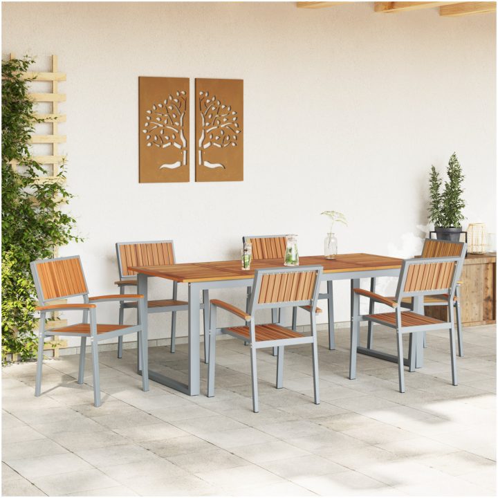 7 Delars Trädgårdsmatbord Set Grå Stål och Massivt Akaciaträ vidaXL 200 x 90 x 75 cm – bild 4