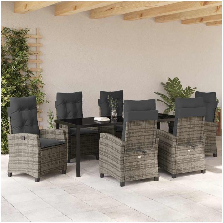 7 Delars Trädgårdsmatbord Set med Kuddar - Grå Poly Rattan vidaXL 200 x 80 x 73 cm – bild 4