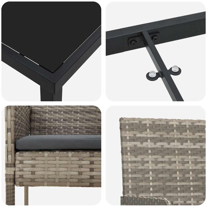 7-delars trädgårdsmatbord set med kuddar, grå poly rattan. vidaXL 200 x 80 x 73 cm – bild 8