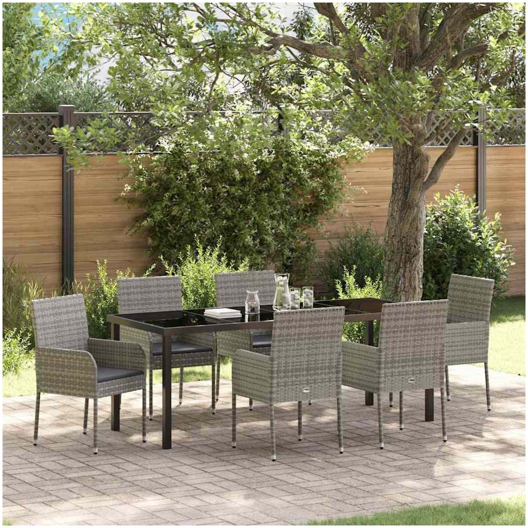 7-delars trädgårdsmatbord set med kuddar, grå poly rattan. vidaXL 200 x 80 x 73 cm