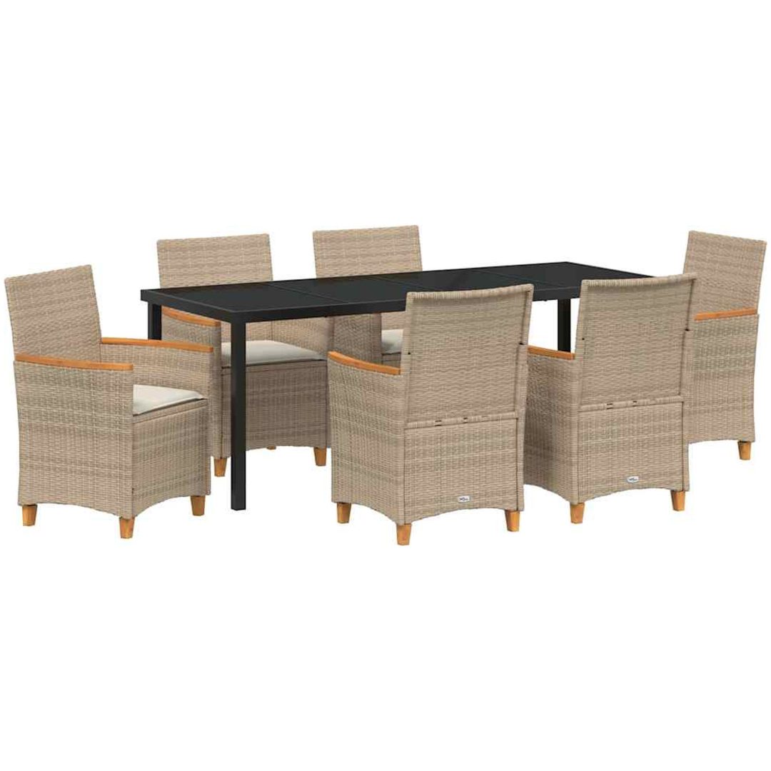 7 Delars Trädgårdsmatbord Set med Kuddar i Beige Poly Rattan vidaXL 200 x 80 x 73 cm – bild 2