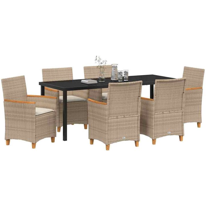 7 Delars Trädgårdsmatbord Set med Kuddar i Beige Poly Rattan vidaXL 200 x 80 x 73 cm – bild 3