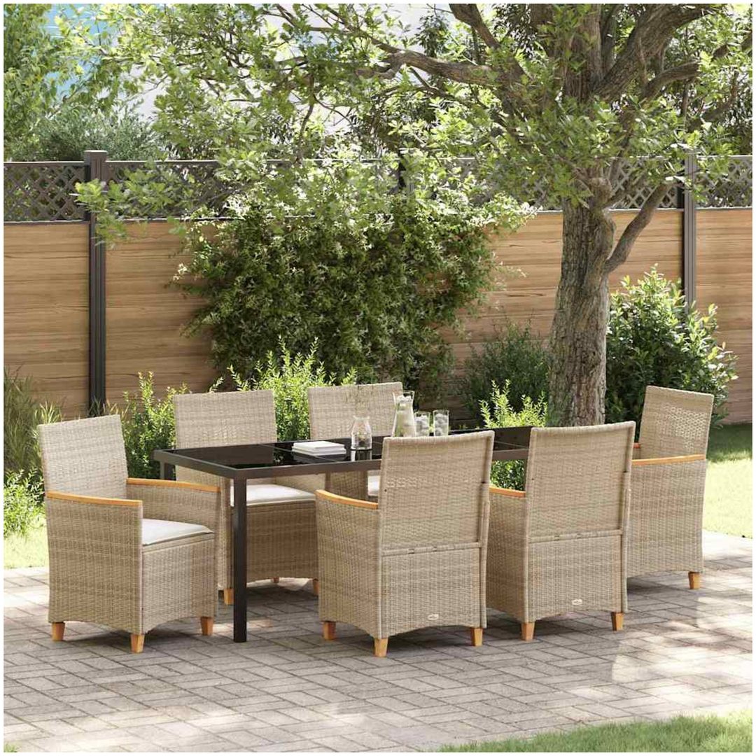 7 Delars Trädgårdsmatbord Set med Kuddar i Beige Poly Rattan vidaXL 200 x 80 x 73 cm