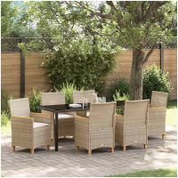 7 Delars Trädgårdsmatbord Set med Kuddar i Beige Poly Rattan vidaXL