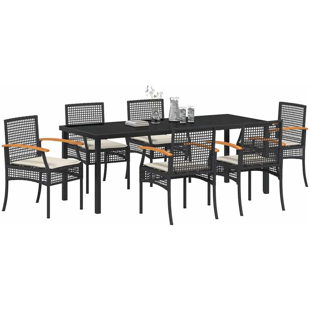 7-delars Trädgårdsmatbord Set med Kuddar - Svart Poly Rattan vidaXL 200 x 80 x 73 cm – bild 3