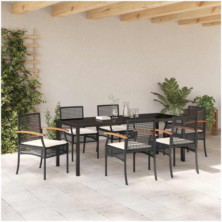 7-delars Trädgårdsmatbord Set med Kuddar - Svart Poly Rattan vidaXL 200 x 80 x 73 cm – bild 4