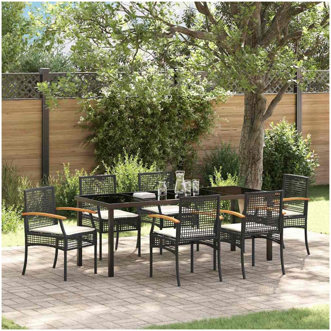 7-delars Trädgårdsmatbord Set med Kuddar - Svart Poly Rattan vidaXL 200 x 80 x 73 cm