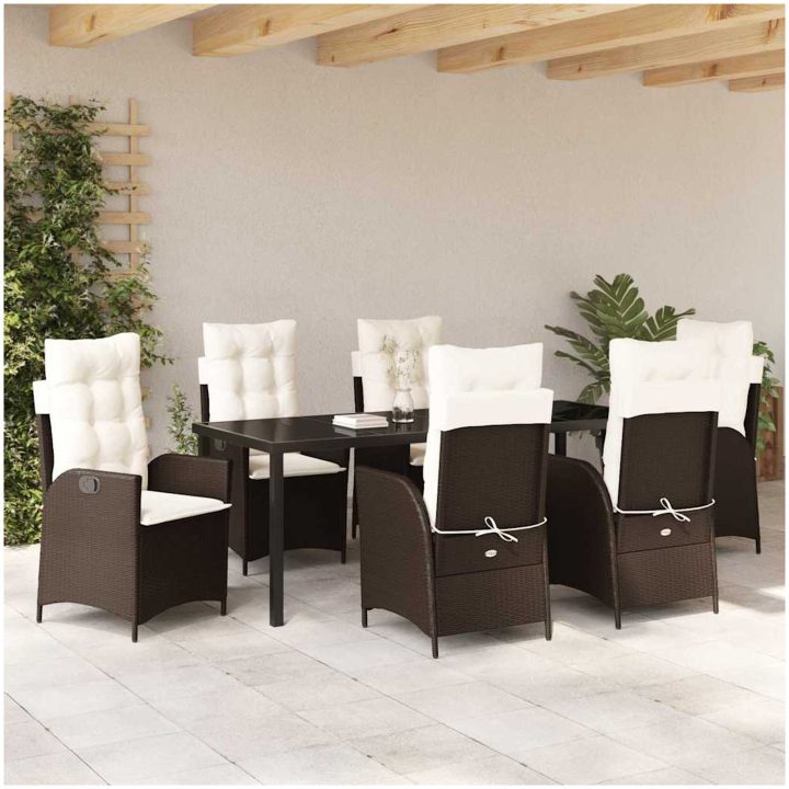 7-delars trädgårdsmatbordset med kuddar, brunt poly-rattan. vidaXL 200 x 80 x 73 cm – bild 4
