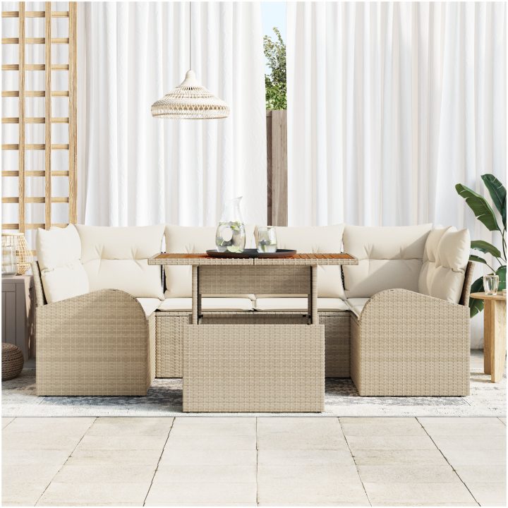 7-delars Trädgårdsmatgrupp med Kuddar Beige Poly Rattan Akacia vidaXL 100 x 55 x 73 cm – bild 3