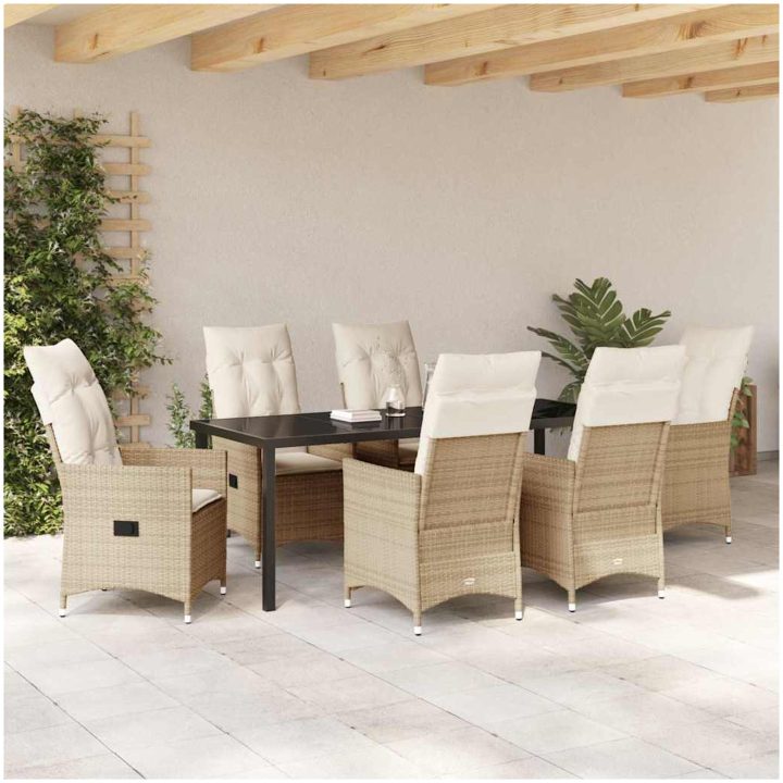 7-delars trädgårdsmatsalsset med kuddar, beige poly-rattan vidaXL 200 x 80 x 73 cm – bild 4