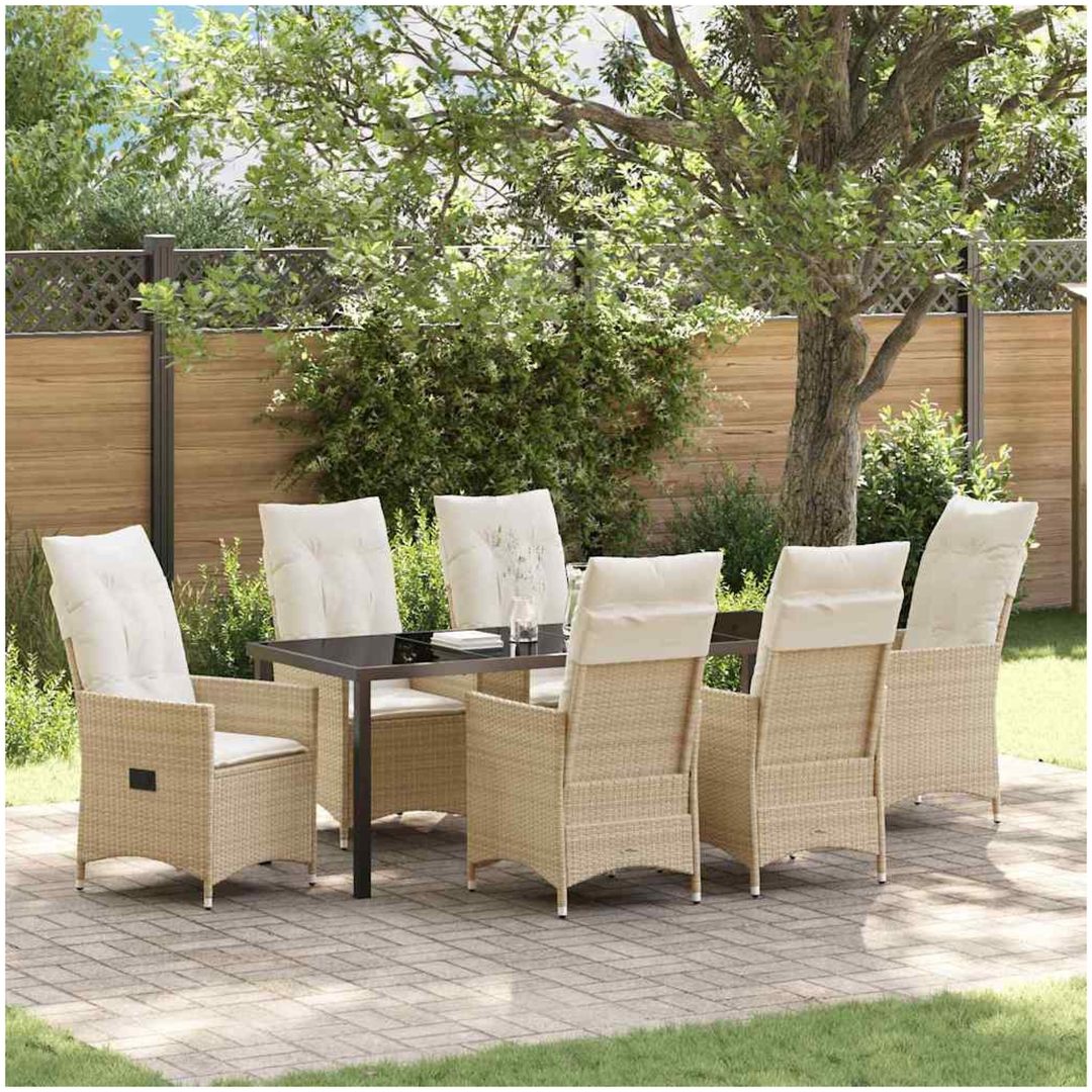 7-delars trädgårdsmatsalsset med kuddar, beige poly-rattan vidaXL 200 x 80 x 73 cm