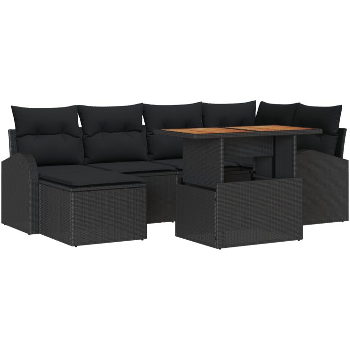 7-delars trädgårdsmatsalsset med kuddar Svart Poly Rattan Akacieträd vidaXL 100 x 55 x 73 cm – bild 2
