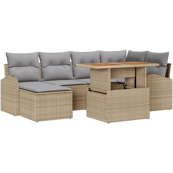 7-delars Trädgårdsmatsats med Kuddar Beige Poly Rattan Acacia vidaXL 100 x 55 x 73 cm – bild 2