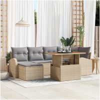 7-delars Trädgårdsmatsats med Kuddar Beige Poly Rattan Acacia vidaXL