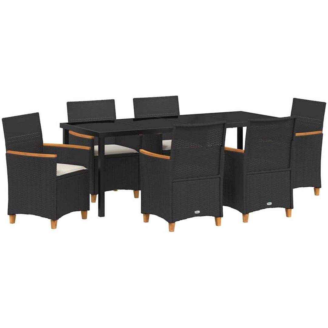 7-delars trädgårdsmiddagsset med kuddar, svart poly-rattan. vidaXL 200 x 80 x 73 cm – bild 2