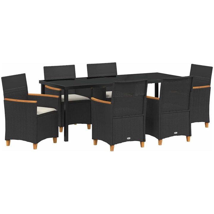 7-delars trädgårdsmiddagsset med kuddar, svart poly-rattan. vidaXL 200 x 80 x 73 cm – bild 2
