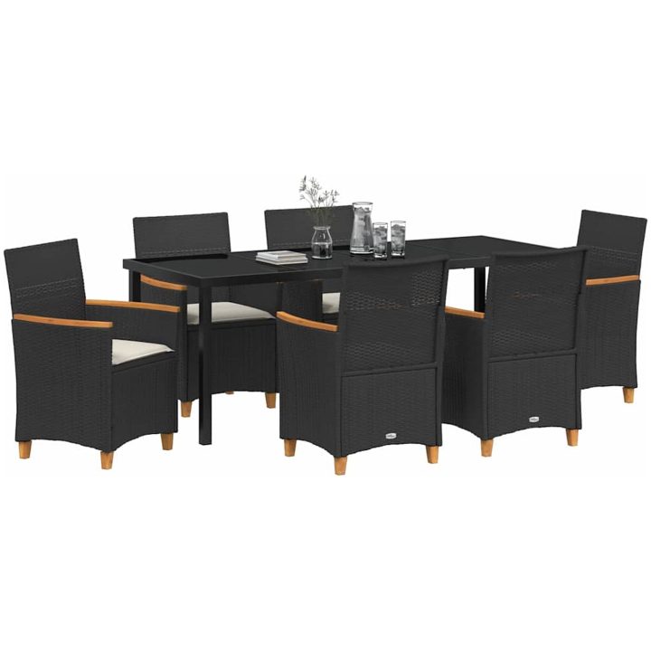 7-delars trädgårdsmiddagsset med kuddar, svart poly-rattan. vidaXL 200 x 80 x 73 cm – bild 3