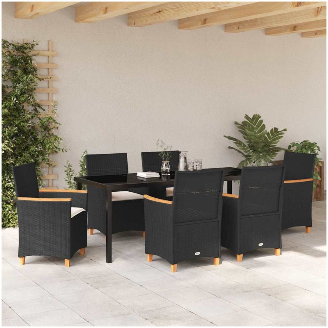7-delars trädgårdsmiddagsset med kuddar, svart poly-rattan. vidaXL 200 x 80 x 73 cm – bild 4