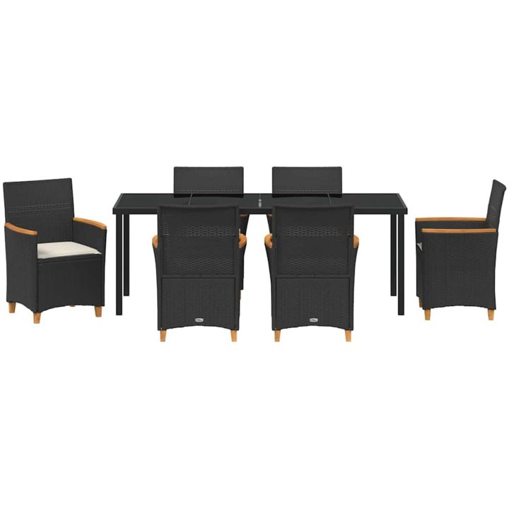 7-delars trädgårdsmiddagsset med kuddar, svart poly-rattan. vidaXL 200 x 80 x 73 cm – bild 6
