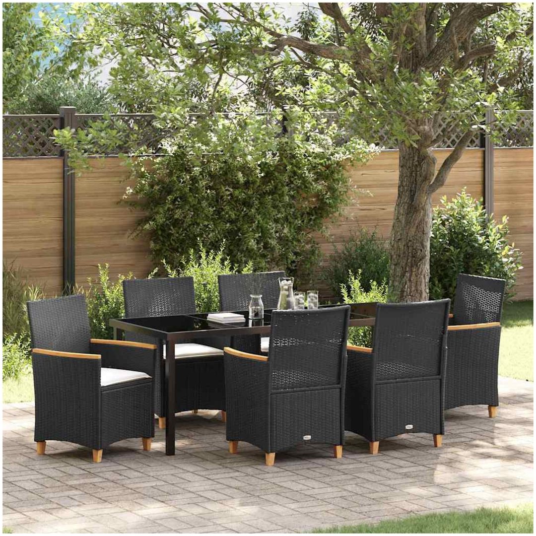 7-delars trädgårdsmiddagsset med kuddar, svart poly-rattan. vidaXL 200 x 80 x 73 cm