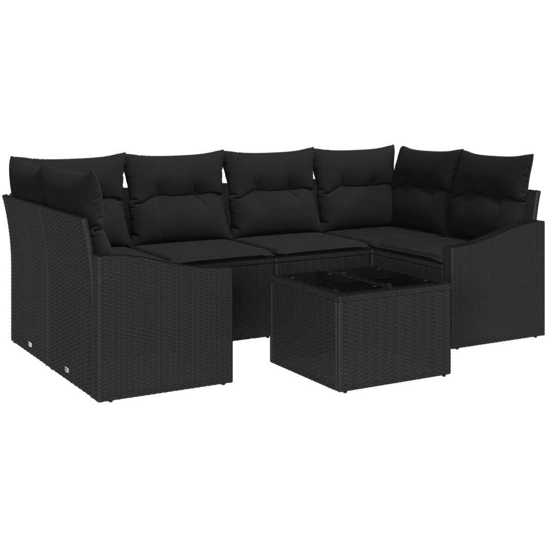 7-delars trädgårdsmöbel med kuddar i svart poly-rattan vidaXL 55 x 55 x 37 cm – bild 2