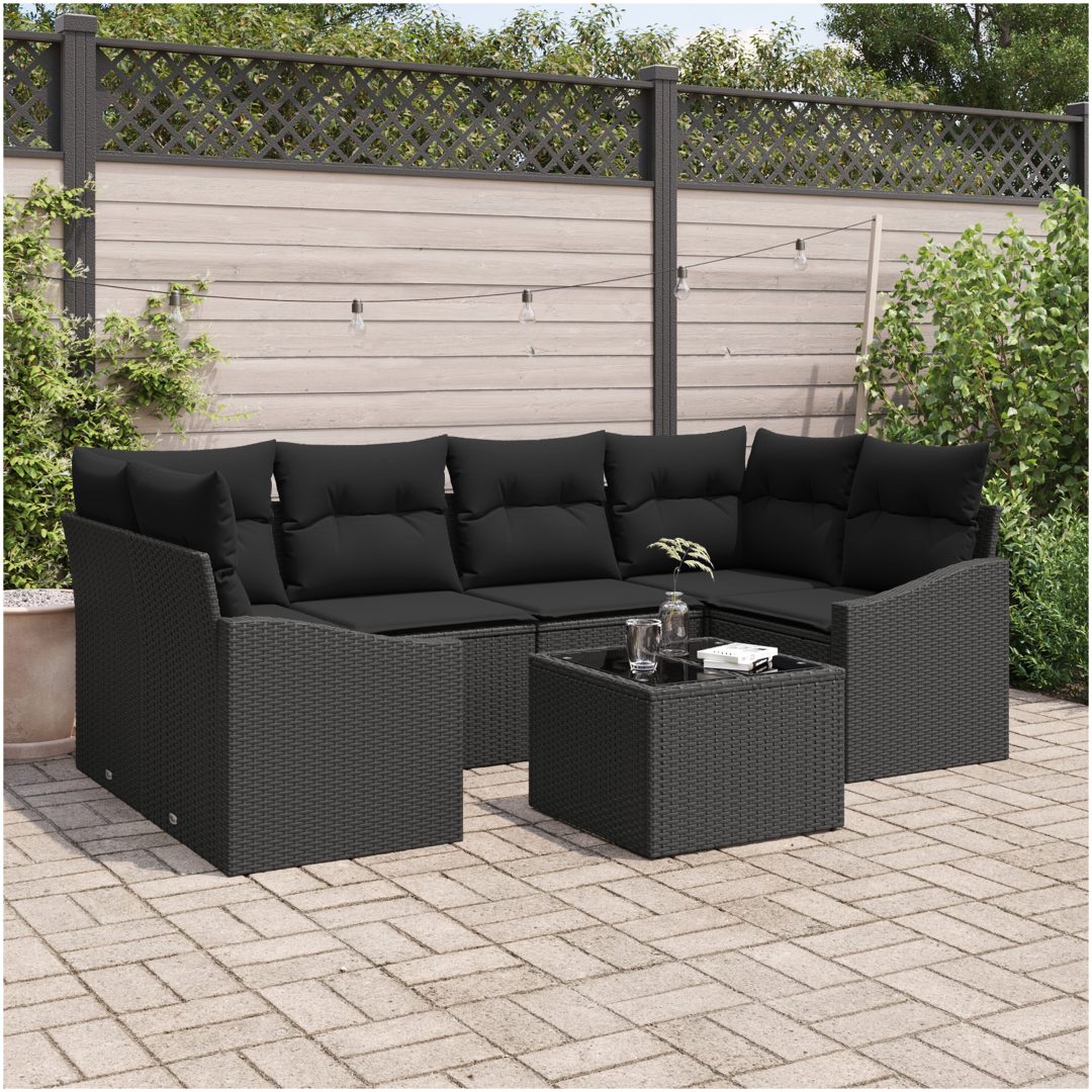 7-delars trädgårdsmöbel med kuddar i svart poly-rattan vidaXL 55 x 55 x 37 cm