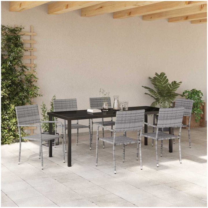 7-delars trädgårdsmöbelset Grå Poly Rattan vidaXL Set för 6 – bild 4