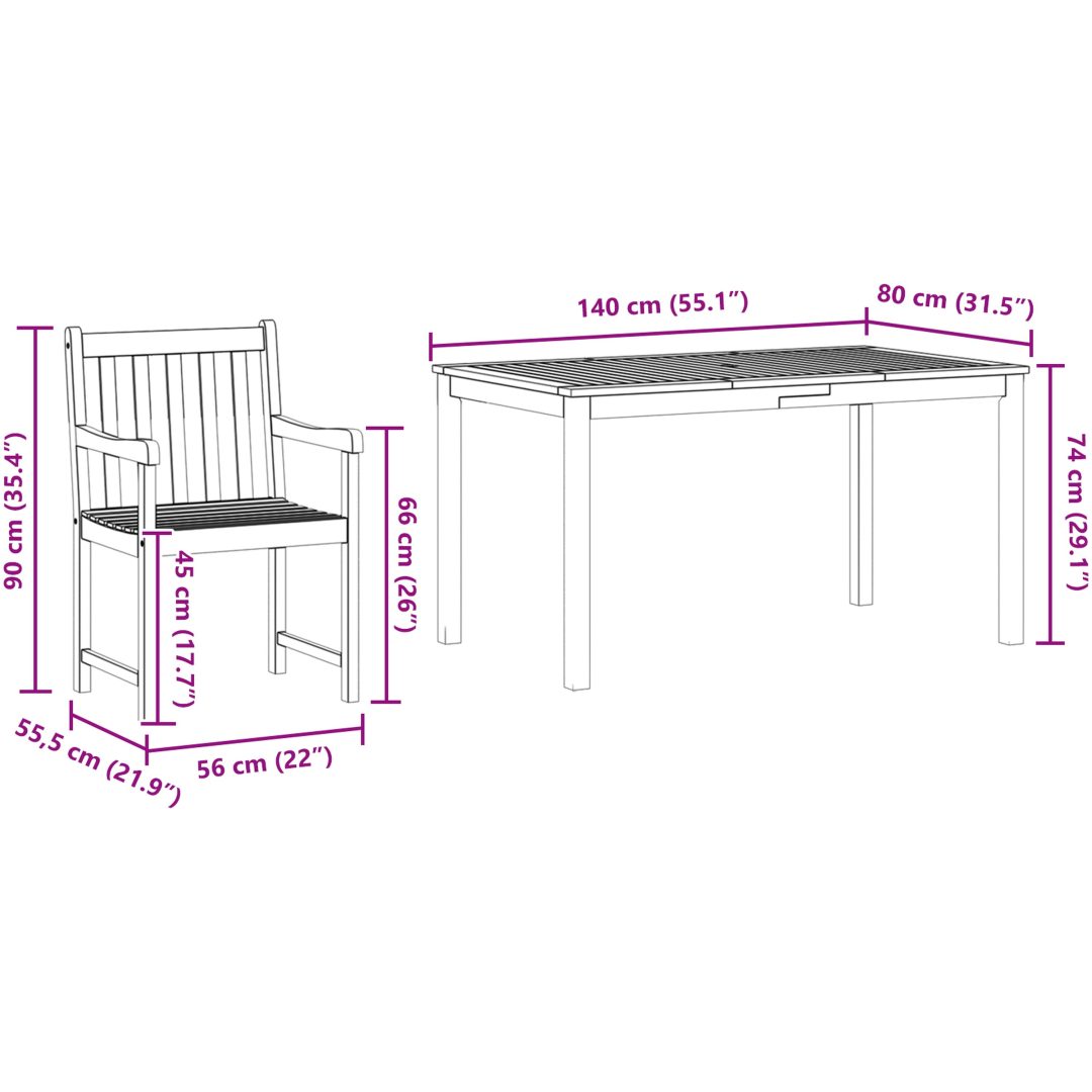 7-delars trädgårdsmöbelset - massivt akaciaträ vidaXL 140 x 80 x 74 cm – bild 12